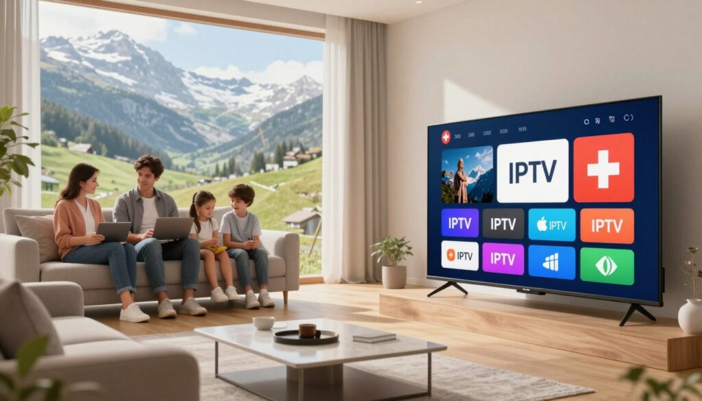 A conceptual illustration representing IPTV services in Switzerland. In the foreground, a modern living room setup features a sleek smart TV displaying an array of colorful IPTV streaming icons, symbolizing variety and convenience. In the middle ground, a family of four—dressed in professional casual attire—engages with their devices, showcasing a connected lifestyle. The background reveals a scenic view of the Swiss Alps through a large window, emphasizing the beauty of Switzerland. Bright, natural light fills the room, creating a warm and inviting atmosphere. The composition highlights the advantages of IPTV over traditional satellite and cable, emphasizing accessibility and family enjoyment, with a focus on technology integration and comfort. A conceptual illustration representing IPTV services in Switzerland. In the foreground, a modern living room setup features a sleek smart TV displaying an array of colorful IPTV streaming icons, symbolizing variety and convenience. In the middle ground, a family of four—dressed in professional casual attire—engages with their devices, showcasing a connected lifestyle. The background reveals a scenic view of the Swiss Alps through a large window, emphasizing the beauty of Switzerland. Bright, natural light fills the room, creating a warm and inviting atmosphere. The composition highlights the advantages of IPTV over traditional satellite and cable, emphasizing accessibility and family enjoyment, with a focus on technology integration and comfort.