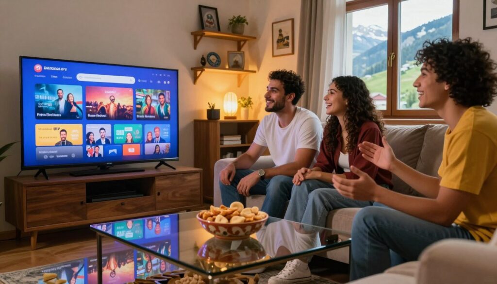 A cozy living room setting showcasing a diverse group of three friends joyfully watching TV together. The foreground features a large, modern television displaying vibrant colors, hinting at various Albanian IPTV channels. In the middle, a bowl of traditional Albanian snacks rests on a coffee table, with a faint reflection of the screen seen on the table's glossy surface. Background elements include soft, warm lighting creating an inviting atmosphere, shelves adorned with personal mementos of Albania, and a window revealing a picturesque view of Switzerland. The overall mood is one of connection and celebration, highlighting the importance of cultural entertainment for the Albanian diaspora.