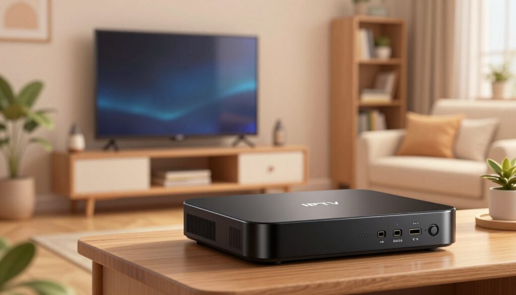 A modern IPTV receiver prominently displayed in the foreground, featuring sleek lines and a glossy black finish. The receiver has various input and output ports visible, showcasing its advanced connectivity options. Surrounding the device, a cozy living room setup is depicted in the middle ground, with a stylish flat-screen television mounted on the wall, and a comfortable sofa positioned for optimal viewing. The background features soft ambient lighting, creating a warm and inviting atmosphere, complemented by decorative elements like plants and bookshelves. The image captures a serene, homey mood, emphasizing the ease of installation and setup for cutting-edge entertainment technology. The scene is well-lit, with a focus on the IPTV receiver, shot at a slight angle to provide depth and interest.