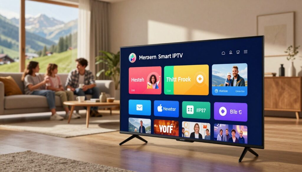 A modern Smart IPTV interface displayed on a sleek, high-definition television screen. The foreground features the vibrant TV screen showcasing a dynamic home menu with colorful icons for various streaming services and live TV options. The middle layer includes a stylish living room setup with contemporary furniture, where a family sits comfortably on a sofa, engaged with the TV. Warm, inviting lighting enhances the ambiance, casting soft shadows around the room. In the background, large windows reveal a scenic view of the Swiss landscape, creating a cozy atmosphere. The overall mood is modern and family-friendly, emphasizing ease of use and connectivity. The focus is on the user interface, with engaging elements clearly visible, creating a sense of accessibility and enjoyment in digital entertainment. A modern Smart IPTV interface displayed on a sleek, high-definition television screen. The foreground features the vibrant TV screen showcasing a dynamic home menu with colorful icons for various streaming services and live TV options. The middle layer includes a stylish living room setup with contemporary furniture, where a family sits comfortably on a sofa, engaged with the TV. Warm, inviting lighting enhances the ambiance, casting soft shadows around the room. In the background, large windows reveal a scenic view of the Swiss landscape, creating a cozy atmosphere. The overall mood is modern and family-friendly, emphasizing ease of use and connectivity. The focus is on the user interface, with engaging elements clearly visible, creating a sense of accessibility and enjoyment in digital entertainment.