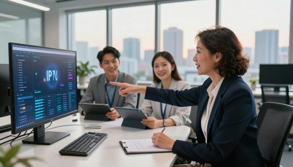 A modern and dynamic office environment, showcasing a diverse group of professional individuals discussing IPTV technology developments. In the foreground, a middle-aged woman in smart business attire is pointing at a digital screen displaying streaming data analytics. The middle layer features two young professionals, one male and one female, seated at a sleek conference table, taking notes on tablets. In the background, large windows reveal a city skyline bathed in warm, natural light, creating an optimistic atmosphere. The image captures a collaborative and innovative spirit within the tech industry, emphasizing recent advancements in IPTV services. Soft lighting highlights the engaging expressions on the faces, while the perspective is slightly elevated, providing an expansive view of the workspace. A modern and dynamic office environment, showcasing a diverse group of professional individuals discussing IPTV technology developments. In the foreground, a middle-aged woman in smart business attire is pointing at a digital screen displaying streaming data analytics. The middle layer features two young professionals, one male and one female, seated at a sleek conference table, taking notes on tablets. In the background, large windows reveal a city skyline bathed in warm, natural light, creating an optimistic atmosphere. The image captures a collaborative and innovative spirit within the tech industry, emphasizing recent advancements in IPTV services. Soft lighting highlights the engaging expressions on the faces, while the perspective is slightly elevated, providing an expansive view of the workspace.