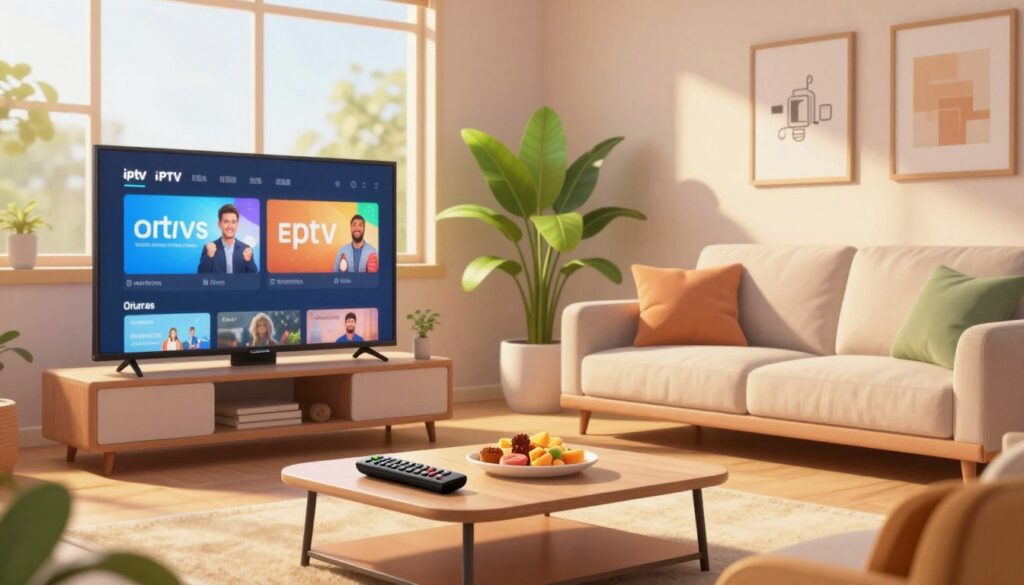 A modern living room designed for optimal streaming, featuring a sleek television displaying an IPTV interface. In the foreground, a stylish coffee table with a remote control and snacks is positioned. The middle ground includes a comfortable sofa with plush cushions, and a vibrant indoor plant adds a touch of greenery. In the background, large windows allow warm, natural light to flood the space, creating a welcoming atmosphere. The walls are adorned with subtle tech-themed art. The setting conveys a feeling of relaxation and enjoyment of high-quality entertainment. The lighting is soft and inviting, highlighting the details of the furnishings, and the perspective is slightly angled to capture the depth of the room.