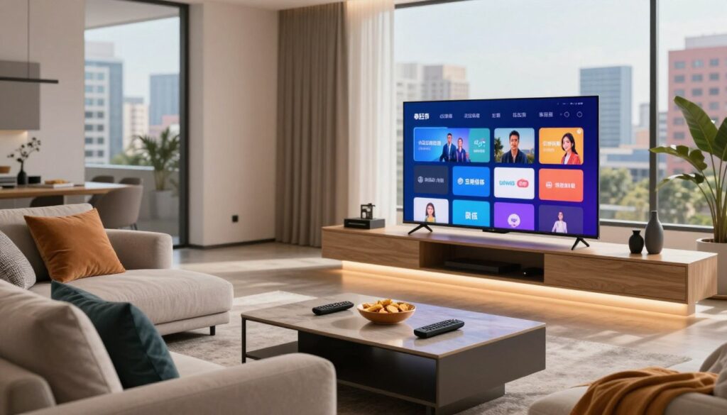 A modern living room featuring a sleek smart TV displaying a colorful streaming interface. In the foreground, a comfortable sofa with stylish throw pillows. The middle ground showcases the smart TV mounted on a minimalist wooden wall unit, with ambient LED lighting illuminating the edges. A cozy coffee table with a few remote controls and a bowl of snacks adds detail. In the background, large windows let in natural light, highlighting a vibrant cityscape outside. The atmosphere is relaxed and inviting, encouraging a sense of entertainment and modern living. The scene is captured with soft, balanced lighting and a slight depth of field effect, creating a warm, engaging mood perfect for exploring the future of streaming. A modern living room featuring a sleek smart TV displaying a colorful streaming interface. In the foreground, a comfortable sofa with stylish throw pillows. The middle ground showcases the smart TV mounted on a minimalist wooden wall unit, with ambient LED lighting illuminating the edges. A cozy coffee table with a few remote controls and a bowl of snacks adds detail. In the background, large windows let in natural light, highlighting a vibrant cityscape outside. The atmosphere is relaxed and inviting, encouraging a sense of entertainment and modern living. The scene is captured with soft, balanced lighting and a slight depth of field effect, creating a warm, engaging mood perfect for exploring the future of streaming.