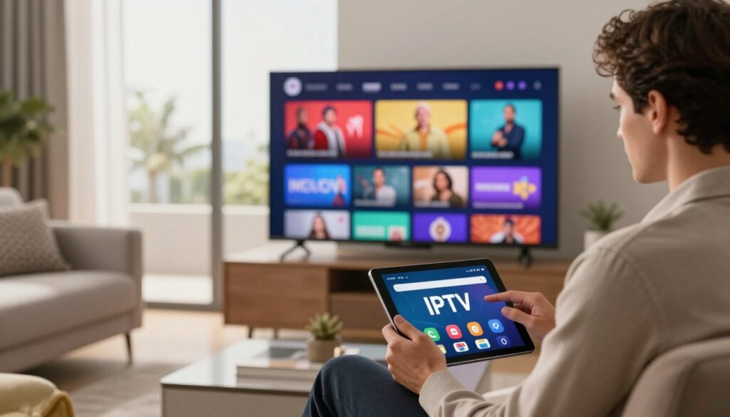 A modern living room featuring a sleek television displaying vibrant IPTV channels, surrounded by comfortable furniture in a stylish setting. In the foreground, a well-dressed individual in professional attire analyzes options on a tablet, symbolizing the careful selection of the best IPTV provider. The middle ground showcases the television streaming dynamic Albanian content, with colorful visuals that evoke a sense of entertainment. In the background, large windows illuminate the room with warm, natural light, creating an inviting atmosphere. The composition captures the essence of top-tier streaming services, with a focus on quality and user experience, using a soft focus effect to enhance the mood of comfort and modernity.
