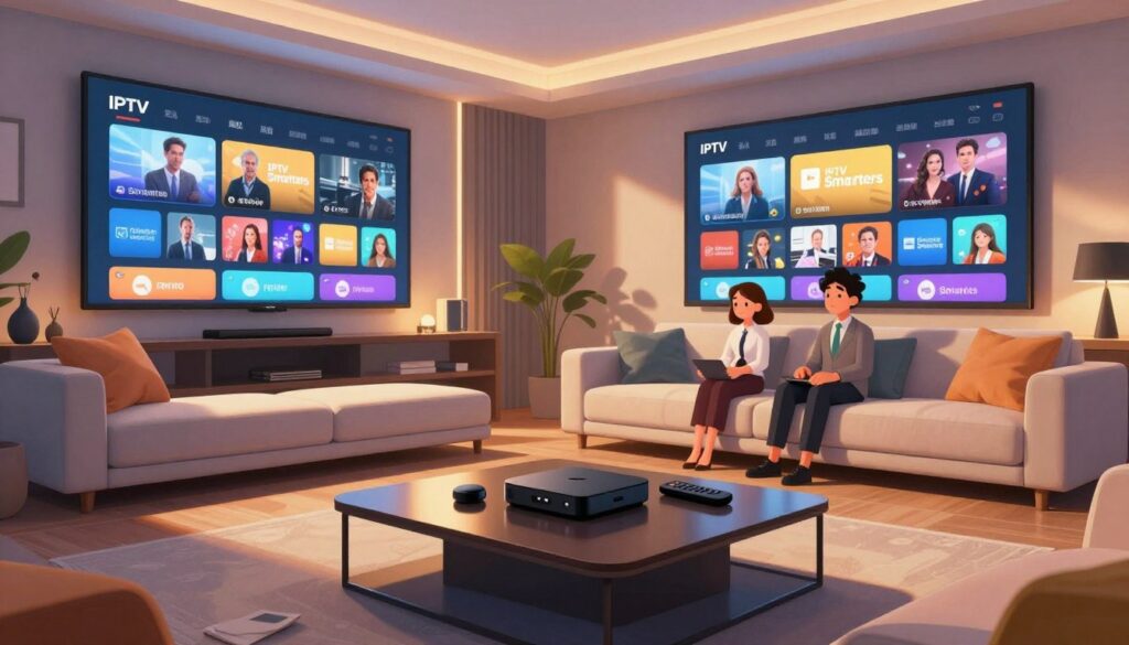 A modern living room featuring multiple large screens displaying the IPTV Smarters interface, showcasing various streaming content. In the foreground, a sleek, stylish coffee table with streaming devices and a remote control, adding a sense of accessibility. The middle layer includes a comfortable sofa with neatly arranged cushions and a few viewers dressed in professional business attire, engaged with the screens. In the background, ambient lighting creates a warm, inviting atmosphere, with soft shadows cast by the furnishings. Use a wide-angle lens for an immersive view, capturing both the technology and the cozy environment. The mood is optimistic and innovative, reflecting the limitless streaming potential offered by IPTV Smarters.