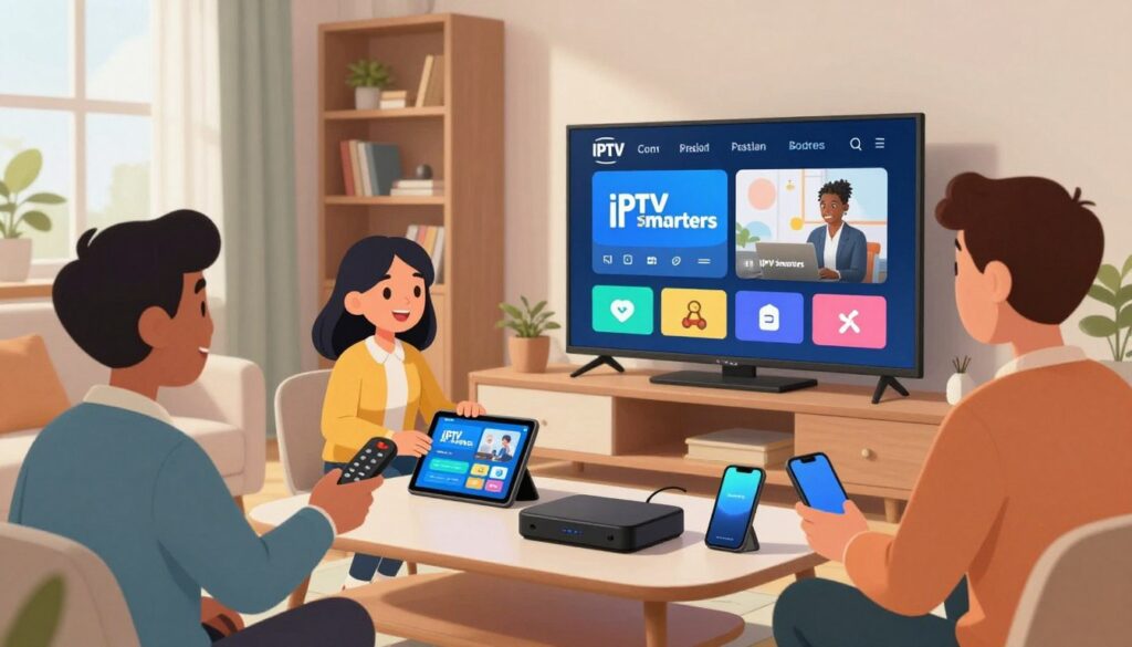 A modern living room scene featuring a diverse group of individuals in professional attire, gathered around a large flat-screen TV displaying the IPTV Smarters interface. In the foreground, a man is holding a remote control, smiling while pointing it towards the screen. In the middle, a woman is setting up the IPTV Smarters app on a tablet, with various devices like a smartphone and a streaming box on the coffee table. The background shows a stylish bookshelf and a window with natural light streaming in, creating a warm and inviting atmosphere. The overall mood conveys excitement and ease in the installation process, showcasing the simplicity of setting up IPTV Smarters on different devices.
