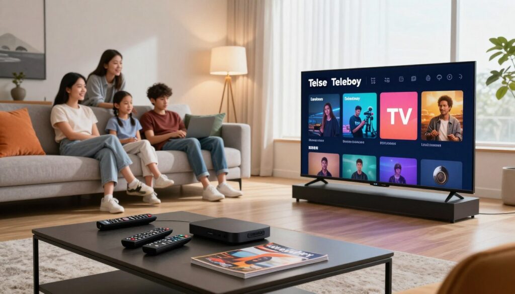 A modern living room showcasing an IPTV setup with a sleek flat-screen TV displaying an impressive interface of Teleboy TV. In the foreground, a low coffee table features remote controls, streaming devices, and a stylish magazine. The middle ground includes a comfortable sofa adorned with colorful pillows, where a family is gathered, engaged and enjoying their viewing experience, dressed in smart casual attire. The background features a large window allowing natural light to flood the room, complemented by soft, ambient lighting from stylish floor lamps, creating a cozy atmosphere. The overall mood is relaxed and inviting, emphasizing the flexibility and enjoyment of the IPTV service. A modern living room showcasing an IPTV setup with a sleek flat-screen TV displaying an impressive interface of Teleboy TV. In the foreground, a low coffee table features remote controls, streaming devices, and a stylish magazine. The middle ground includes a comfortable sofa adorned with colorful pillows, where a family is gathered, engaged and enjoying their viewing experience, dressed in smart casual attire. The background features a large window allowing natural light to flood the room, complemented by soft, ambient lighting from stylish floor lamps, creating a cozy atmosphere. The overall mood is relaxed and inviting, emphasizing the flexibility and enjoyment of the IPTV service.