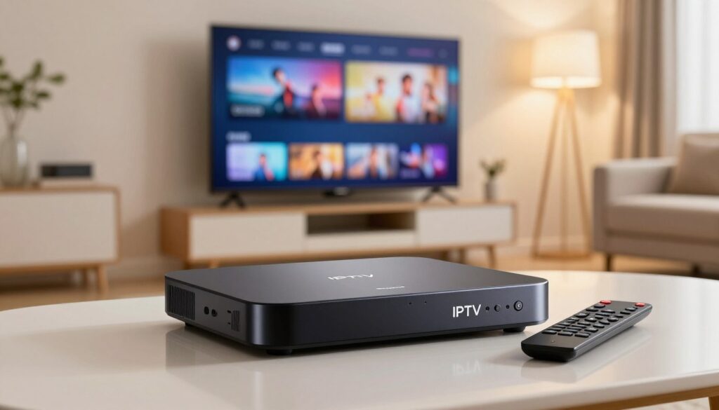 A sleek IPTV receiver box positioned prominently in a modern living room setting. The foreground features the IPTV box, showcasing its elegant design with smooth edges and a glossy finish, accompanied by remote control elegantly placed beside it. In the middle ground, a stylish television is visible, displaying vibrant colors, indicating active streaming content. The background includes a cozy sofa and ambient lighting from stylish floor lamps, creating a warm and inviting atmosphere. Soft focus on the edges adds depth to the scene, with bright yet soft lighting highlighting the IPTV box and television. Captured from a slightly angled perspective to emphasize the tech-savvy home environment, conveying a sense of comfort and modern technology.