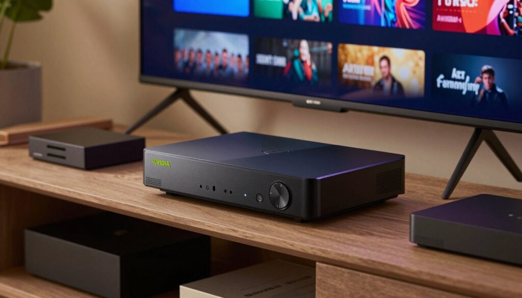 A sleek NVIDIA Shield TV Pro sits prominently on a modern living room shelf, surrounded by an organized array of high-end multimedia devices. The foreground features a gleaming black chassis of the NVIDIA Shield, showcasing its angular design and subtle LED lights indicating its active status. In the middle ground, a contemporary TV displays vibrant streaming content, reflecting the Shield's capabilities as a multimedia receiver. The background is softly blurred, revealing a cozy, stylish room with warm ambient lighting that highlights the Shield's aesthetic. Capture the scene with a slightly elevated angle to emphasize the device and its surroundings, creating an inviting and sophisticated atmosphere ideal for showcasing high-end technology. Soft, diffused lighting enhances the mood, ensuring the device remains the focus of the image.