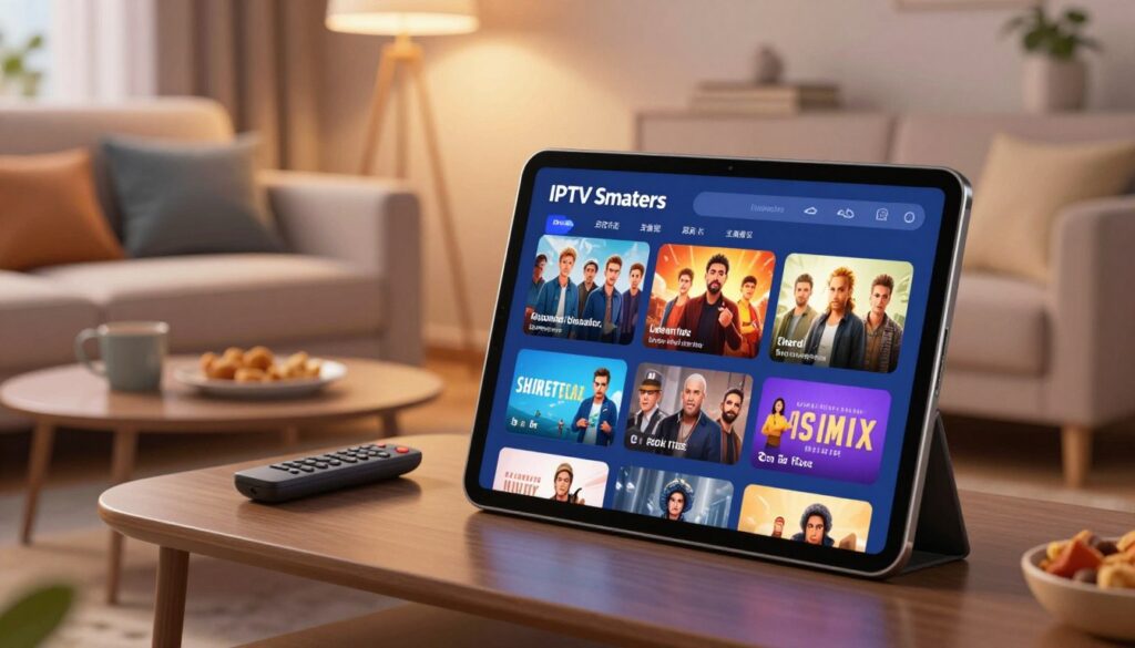 A sleek and modern user interface of the IPTV Smarters App displayed on a high-resolution tablet, set against a stylish living room backdrop. The foreground features the tablet prominently, showcasing vibrant thumbnails of streaming content such as movies and shows. In the middle, a cozy sofa with soft cushions invites viewers to relax, while a stylish coffee table holds remote controls and snacks, enhancing the home entertainment feel. In the background, warm ambient lighting illuminates the room, creating an inviting atmosphere. The perspective is from a slight angle, allowing an overview of the app's features on the tablet. The mood is relaxed and engaging, encapsulating the essence of limitless streaming possibilities.