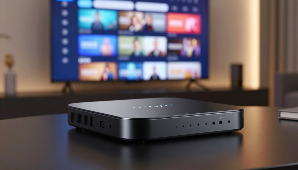 A sleek, modern IPTV box prominently displayed in the foreground, emphasizing its compact design with rounded edges and a glossy black finish. The box features illuminated status indicators and a few essential ports visible on the back, hinting at its advanced connectivity options. In the middle ground, a high-definition television screen showcases a vibrant user interface filled with streaming options. The background is a stylish living room setting, softly lit by ambient lighting, creating a cozy yet tech-savvy atmosphere. The overall mood is inviting and high-tech, highlighting the functionality and appeal of Smart IPTV devices. The image captures a perspective slightly above the IPTV box, with a shallow depth of field to focus on the box while softly blurring the TV screen and room. A sleek, modern IPTV box prominently displayed in the foreground, emphasizing its compact design with rounded edges and a glossy black finish. The box features illuminated status indicators and a few essential ports visible on the back, hinting at its advanced connectivity options. In the middle ground, a high-definition television screen showcases a vibrant user interface filled with streaming options. The background is a stylish living room setting, softly lit by ambient lighting, creating a cozy yet tech-savvy atmosphere. The overall mood is inviting and high-tech, highlighting the functionality and appeal of Smart IPTV devices. The image captures a perspective slightly above the IPTV box, with a shallow depth of field to focus on the box while softly blurring the TV screen and room.
