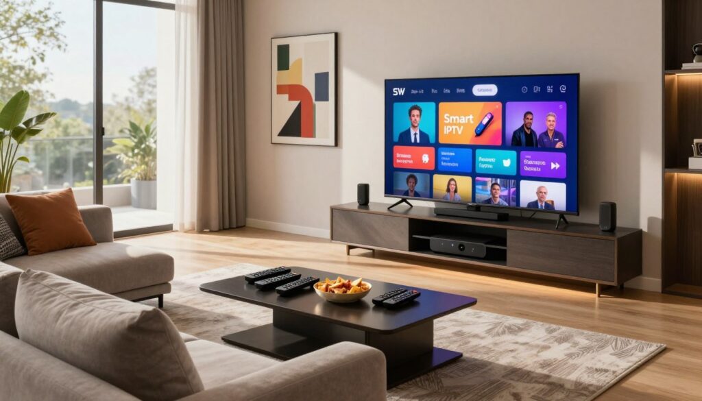 A sleek modern living room featuring a large flat-screen TV displaying vibrant Smart IPTV content. In the foreground, a cozy sofa with plush cushions and a coffee table piled with remote controls and snacks. The middle ground shows an elegant entertainment unit with high-tech streaming devices and subtle ambient lighting. The background features a large window with natural sunlight streaming in, illuminating the space and casting gentle shadows. The atmosphere is warm and inviting, ideal for family viewing. A contemporary art piece hangs on the wall, suggesting a touch of Swiss culture. The camera angle is slightly elevated, capturing the entire scene with clarity and depth, evoking a sense of comfort and modernity. A sleek modern living room featuring a large flat-screen TV displaying vibrant Smart IPTV content. In the foreground, a cozy sofa with plush cushions and a coffee table piled with remote controls and snacks. The middle ground shows an elegant entertainment unit with high-tech streaming devices and subtle ambient lighting. The background features a large window with natural sunlight streaming in, illuminating the space and casting gentle shadows. The atmosphere is warm and inviting, ideal for family viewing. A contemporary art piece hangs on the wall, suggesting a touch of Swiss culture. The camera angle is slightly elevated, capturing the entire scene with clarity and depth, evoking a sense of comfort and modernity.