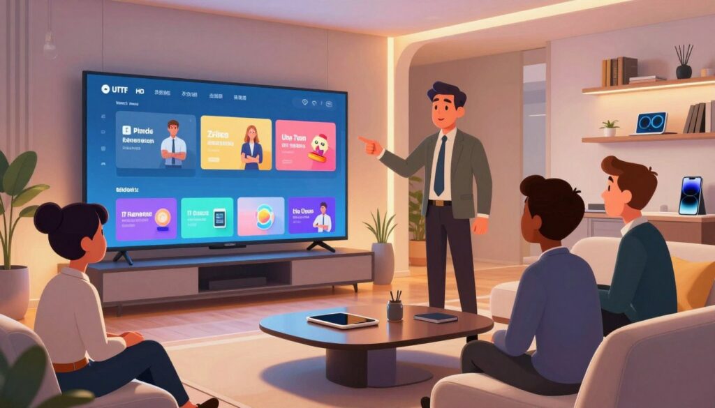 A vibrant, futuristic living room setting showcasing a large, ultra-HD television displaying a colorful streaming interface. In the foreground, a diverse group of three people in professional attire, two men and one woman, are engaged in an animated discussion while pointing at the screen. The middle ground features modern furniture with sleek lines, a stylish coffee table, and minimalistic décor that emphasizes comfort and sophistication. Soft, ambient lighting casts a warm glow, creating an inviting atmosphere. The background includes elegant shelves with books and tech gadgets, suggesting a blend of entertainment and education. The camera angle captures the dynamic interaction, promoting a sense of connectivity and modern living.