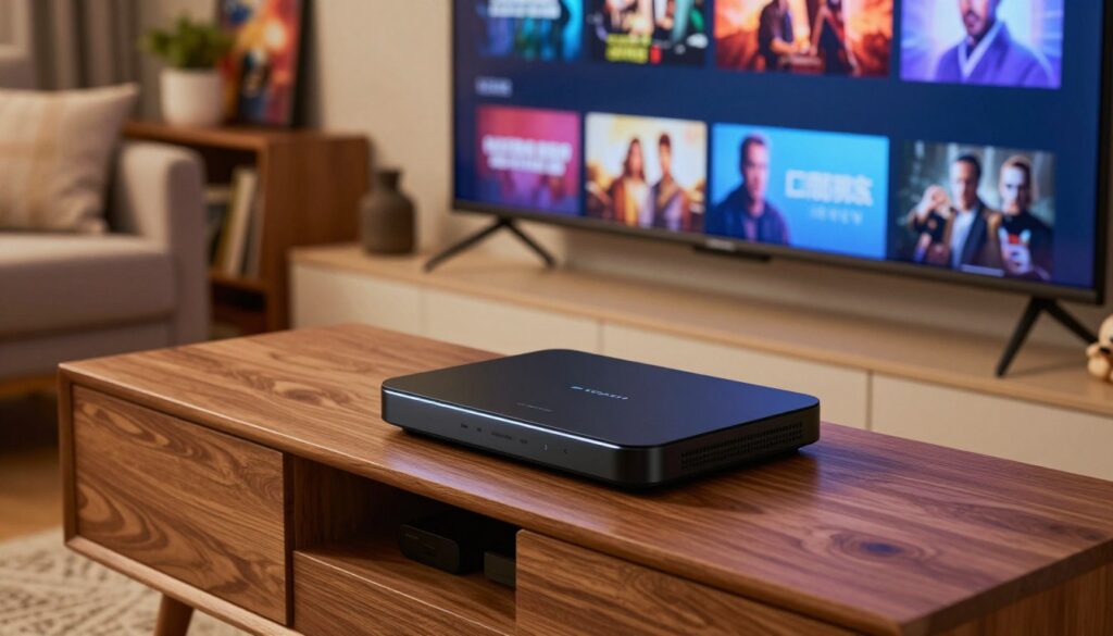 An elegantly designed IPTV box resting on a sleek wooden entertainment unit, surrounded by modern home theater equipment. The IPTV box is black with subtle LED lights illuminating its edges, showcasing its high-tech features. In the middle ground, there's a large flat-screen TV displaying a vibrant streaming interface, while subtle reflections of decor can be seen on the screen. Soft ambient lighting bathes the room, creating a warm and inviting atmosphere, perfect for a movie night. The background features a cozy couch adorned with plush cushions and a few decorative elements like a bookshelf with movie posters and plants, enhancing the homely feel. The angle is slightly above eye level, capturing the elegance of the IPTV box as the focal point in this contemporary living space.