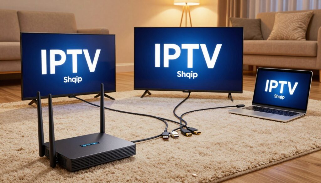 An informative and visually appealing image illustrating the hardware requirements for IPTV Shqip. In the foreground, a sleek router and a modern set-top box are prominently displayed, connected to multiple devices like a smart TV and a laptop. In the middle, an assortment of cables, including HDMI and Ethernet, is neatly arranged to suggest connectivity. The background features a cozy living room setting with a comfortable couch and a soft rug, evoking a warm atmosphere. Soft, inviting lighting enhances the scene, suggesting an ambient evening. The image is captured using a wide-angle lens to encompass the whole arrangement, providing a clear and professional view of the essential devices needed for streaming Albanian television.