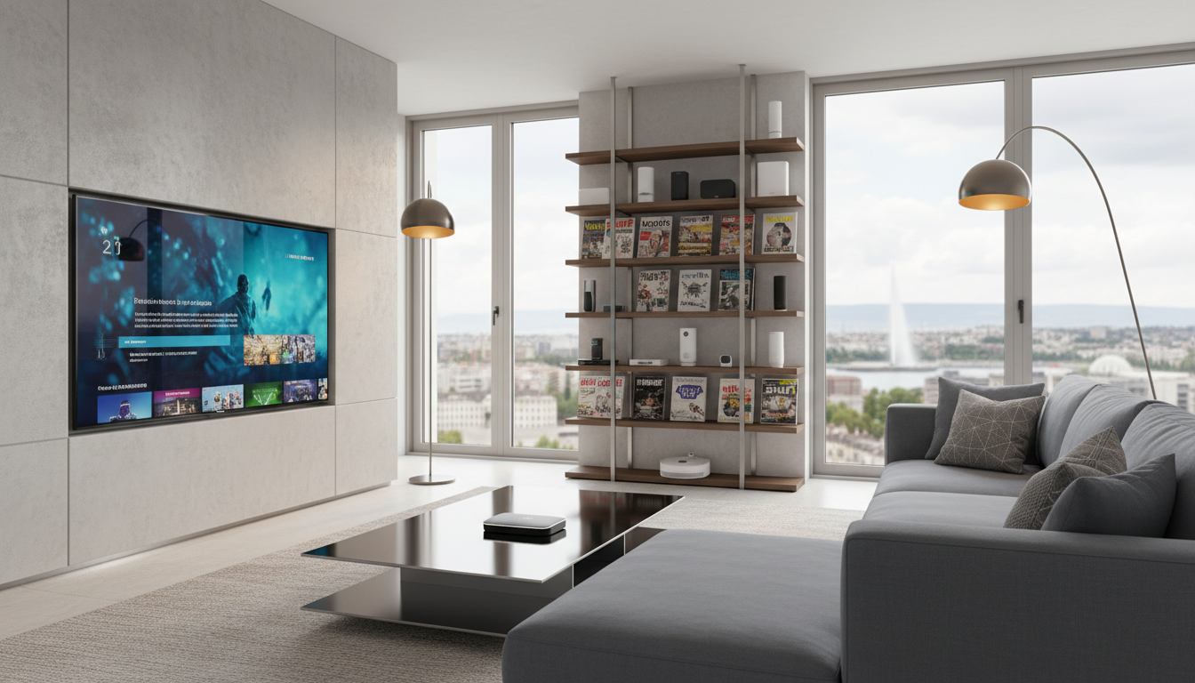 Salon moderne avec un téléviseur mural prêt pour le streaming IPTV